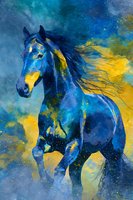 Majestic horse silhouette with flowing mane in cosmic blue and golden yellow watercolor paint splashes creating dreamy artistic effect for creative projects.