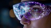 Futuristic smart glasses displaying holographic data interface with charts and analytics on young professional woman face in purple neon lighting for tech concepts.