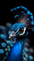 Stunning peacock head portrait showcasing vibrant blue plumage and ornate feather crown against dark background for wildlife photography projects.