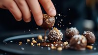 Hand sprinkling chopped nuts over chocolate truffles on dark slate plate. Gourmet confectionery preparation with falling nut pieces for dessert decoration.