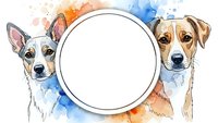 Two adorable dogs with watercolor splashes surrounding blank white circle frame for custom text or logo design on transparent background.