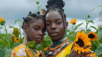 Two young African women with braided hairstyles pose elegantly in sunflower field wearing colorful accessories and natural makeup, creating artistic fashion portrait.