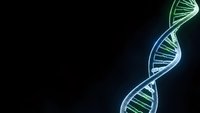 Glowing DNA double helix structure with luminous green and blue strands on dark background for scientific research and biotechnology concepts.