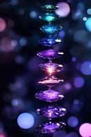 Glowing crystals floating in vertical alignment with blue and purple gradient colors against dark background with bokeh lights for magical fantasy designs.