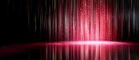 Glowing red light rays streaming down onto reflective surface against dark background creates dramatic futuristic atmosphere with vertical luminous lines.