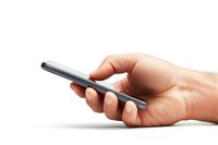 Caucasian male hand holding modern smartphone on white background, isolated for digital technology and mobile communication concepts.