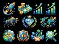 Rocket ship launching with stars, stacks of money and coins, ascending bar charts with upward arrows, bull symbol, diamond gem with laurel wreath, network of connected gears and people, treasure chest overflowing with coins, security shield with padlock, business handshake with upward arrow, magnifying glass with upward trending arrow isolated on transparent background. Ready for t-shirt design, clipart, stickers, print-on-demand, and sublimation projects.