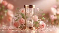 Elegant golden hourglass surrounded by delicate pink roses and scattered petals on soft pink background, symbolizing time and romance.