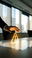 Businessman hand protecting glowing warning triangle symbol on office desk representing risk management and business protection strategies.
