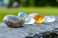 Healing crystals and stones arranged on rough stone surface with natural blurred background, selective focus on translucent minerals in sunlight.