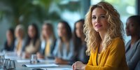 Confident businesswoman in yellow blazer at conference table leading diverse team meeting, professional corporate environment with blurred colleagues background.