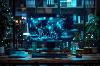 Modern workspace with glowing blue world map on computer screen, financial charts and digital data visualization perfect for business technology concepts.