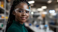 Young African American female scientist wearing safety glasses and green sweater smiles confidently in research laboratory setting with blurred equipment background.