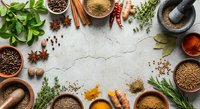 Aromatic spices and herbs arranged in circular frame on textured stone surface. Fresh basil, cinnamon sticks, star anise, peppercorns create culinary border.