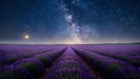 Lavender field rows under starry night sky with Milky Way galaxy and moon creating dreamy landscape for relaxation and meditation backgrounds.