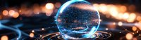 Futuristic crystal ball with digital network elements against dark background with glowing orange lights. Technology concept for prediction and data analysis.