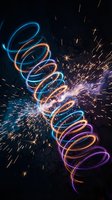 Colorful spiral light trail with bright sparks and particles on dark background for creative design projects and digital art concepts.