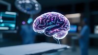 Glowing human brain hologram visualization in dark medical laboratory environment with futuristic technology interface and monitors in background.