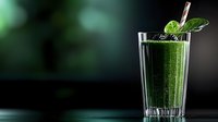 Fresh green smoothie with spinach leaves and paper straw in tall glass on dark background with copy space. Healthy detox drink concept.