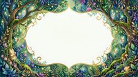 Enchanted forest frame with lush tropical foliage, vines and magical plants creating ornate border on white background for text and design projects.