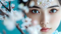 Young Asian woman with natural makeup and crystal face decorations among blooming cherry blossoms against turquoise background, soft dreamy spring portrait.