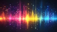 Vibrant rainbow colored sound wave visualization with glowing light effects and particles on dark background, creating dynamic audio spectrum display for music concept.