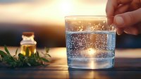 Sparkling water in glass with effervescent bubbles at sunset, hand dropping fizzy tablet. Essential oil bottle and fresh herbs create relaxing wellness atmosphere.