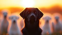 Black Labrador retriever portrait at sunset with blurred dogs in background, dramatic golden hour lighting creates silhouette effect and warm atmospheric mood.