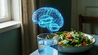 Glowing blue brain hologram floating above healthy salad and water glass on kitchen table representing nutrition for cognitive health and mental wellness.