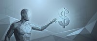 Futuristic humanoid figure reaching toward glowing dollar sign symbol with geometric network background for financial technology and digital economy concepts.