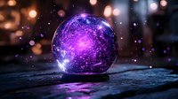 Mystical purple crystal ball glowing with cosmic energy and sparkles against dark background, magical fortune telling sphere with ethereal light effects.