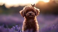 Brown puppy with monarch butterfly on head sitting in blooming lavender field during golden sunset, creating magical summer moment. Soft bokeh background.