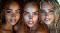 Three diverse young women with natural makeup and glowing skin showcase different beauty types - African American with curls, freckled redhead, and blonde with blue eyes.