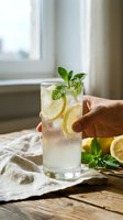 Hand holding refreshing lemon mint drink with ice cubes on wooden table near window. Summer beverage with fresh herbs and citrus slices for healthy lifestyle.
