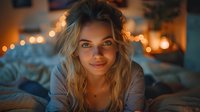 Young Caucasian woman with blonde wavy hair lying on bed, illuminated by warm string lights creating cozy evening atmosphere. Natural makeup and gentle smile express comfort.