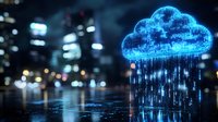 Glowing blue digital cloud with binary code rain against blurred night cityscape background, representing cloud computing and data transfer technology.