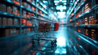 Empty shopping cart in modern warehouse with dramatic blue lighting and blurred storage shelves creating depth perspective. Retail and logistics concept.