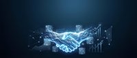 Digital handshake with glowing blue network connections and business icons representing partnership, collaboration and technology integration.