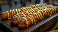 Golden spiral potato chips on wooden cutting board with mustard drizzle at street food market stall ready for serving to hungry customers.