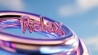 Metallic pink and purple balloon lettering spelling Relax against blue sky background with reflective surface creates calming wellness message.