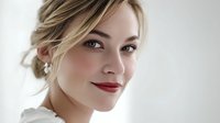 Close-up portrait of young woman with blonde hair in elegant updo, pearl earrings, and red lipstick against white background, conveying sophistication and confidence.