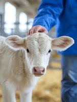 Adorable white calf with pink nose looking at camera while farmer in blue jacket gently pets its head. Close up portrait showing tender moment at dairy farm.