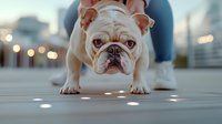 White English Bulldog with wrinkled face standing on urban sidewalk at dusk, bokeh city lights in background, low angle view capturing dog's distinctive expression.