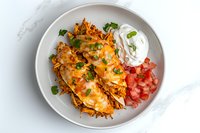 Mexican-style shredded chicken enchiladas topped with melted cheese, fresh cilantro, diced tomatoes and sour cream served on white plate against marble surface.