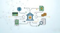 Banking and finance concept with connected icons showing money flow, credit cards, mobile payments, coins and financial documents on light background.