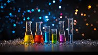 Colorful laboratory glassware with rainbow liquids against dark background with bokeh lights and glitter, creating magical scientific atmosphere.