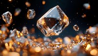 Sparkling crystal fragments floating in space with golden light bokeh effects against dark background, creating magical atmospheric composition.