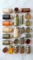 Organized collection of various grains, legumes, spices, and herbs stored in glass jars and containers with cork lids on marble background. Pantry staples for cooking and meal preparation.