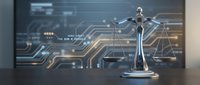 Digital justice scales on desk with futuristic circuit board background representing legal technology and cyber law enforcement concepts.