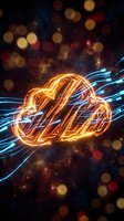 Glowing cloud computing symbol with electric light trails and bokeh effects on dark cosmic background for technology and data storage concepts.